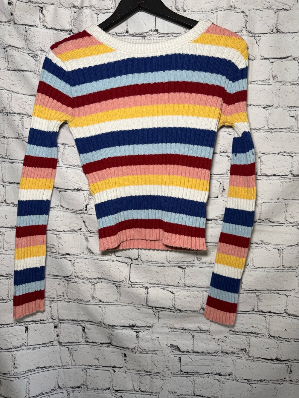 Forever 21 Rainbow Striped Ribbed Knit Sweater M Retro Y2K Long Sleeve
